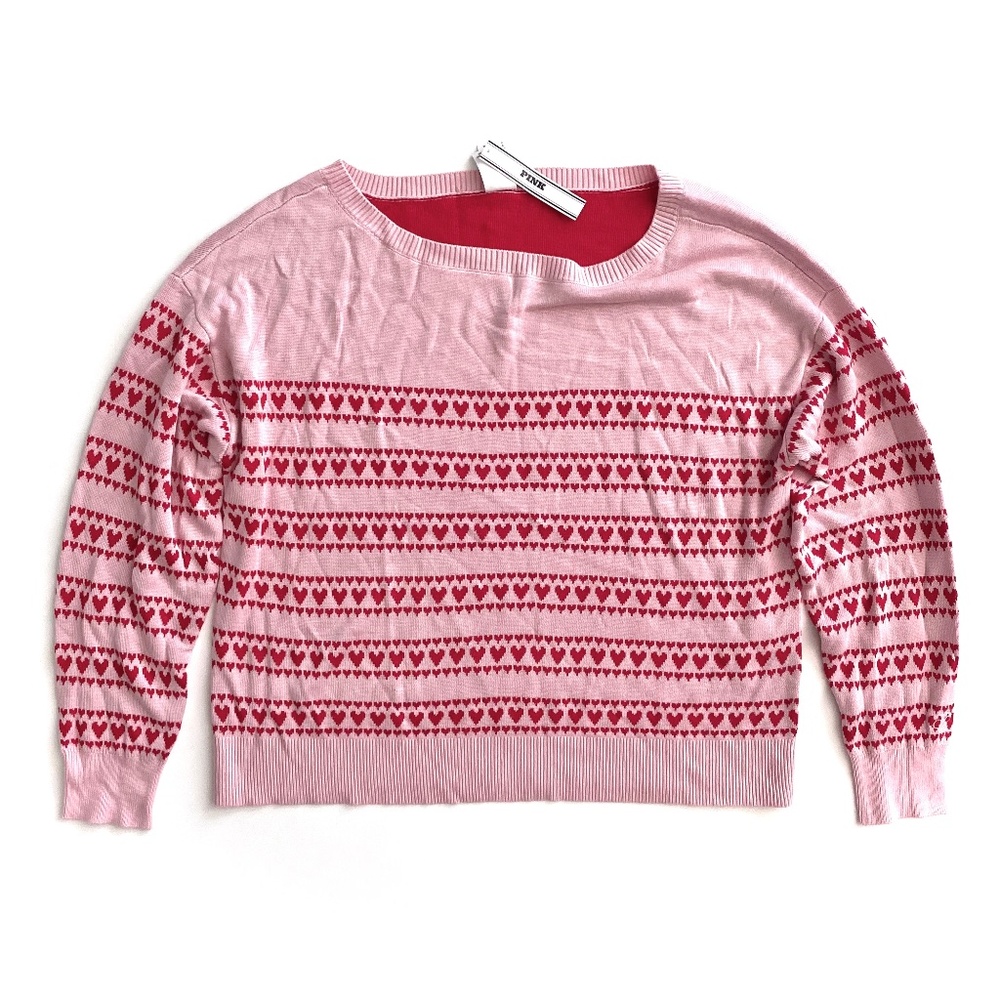 PINK Victoria's Secret Sweater Off Shoulder Pink Ivory Heart Loose NWT Small S